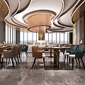 Luxury Modern Restaurant Interior With Marble Flooring Circular Chandelier Large Windows Open Layout Dining Tables Chairs