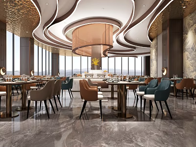 Luxury Modern Restaurant Interior With Marble Flooring Circular Chandelier Large Windows Open Layout Dining Tables Chairs 3d model