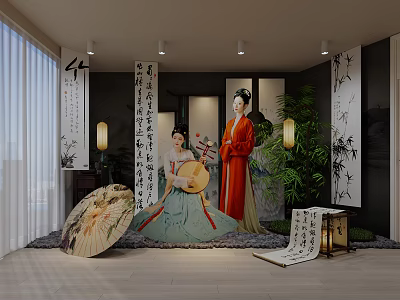 Traditional Chinese Clothing Store With Ancient Costume Figures Calligraphy Lanterns And Bamboo Decor 3d model