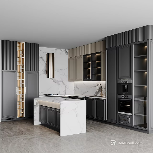 Modern Kitchen Interior Design With Dark Cabinets Marble Island Countertop And Built In Appliances 3d model 