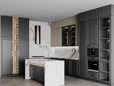 Modern Kitchen Interior Design With Dark Cabinets Marble Island Countertop And Built In Appliances 3d model