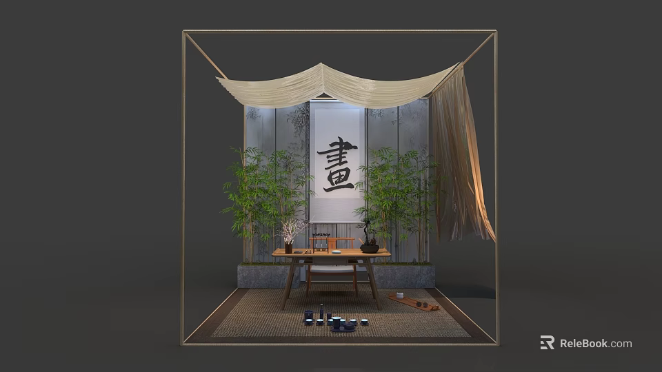 Traditional Chinese Interior With Calligraphy Art Bamboo Plants And Tea Table 3d model 