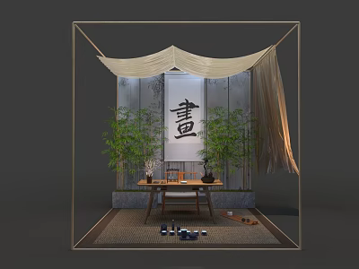 Traditional Chinese Interior With Calligraphy Art Bamboo Plants And Tea Table 3d model