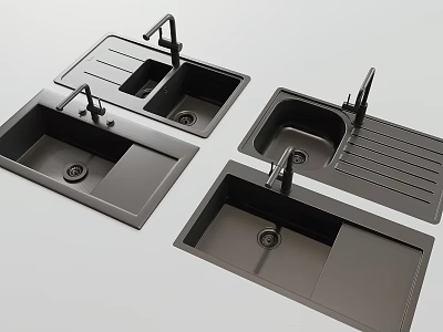 Black Modern Kitchen Sinks With Faucets And Drain Boards Design 3d model