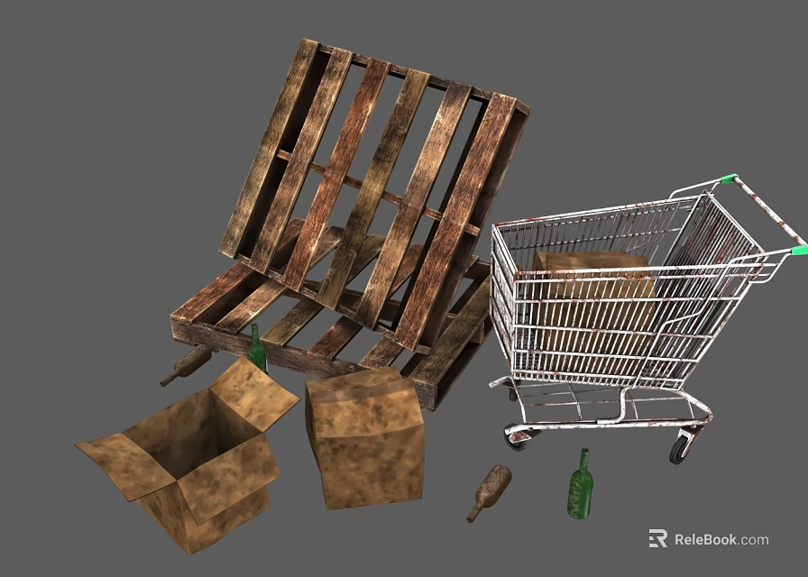 Household Items Including Wooden Pallet Shopping Cart Cardboard Boxes And Bottle 3d model 