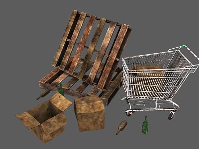 Household Items Including Wooden Pallet Shopping Cart Cardboard Boxes And Bottle 3d model