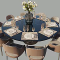 Elegant Dining Table Set With Round Black Tabletop Beige Chairs Flower Vase And Golden Decor