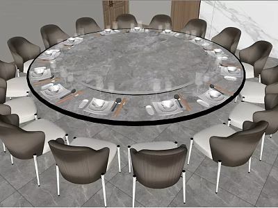 Round Marble Top Dining Table Set With Gray Chairs And Modern Design 3d model