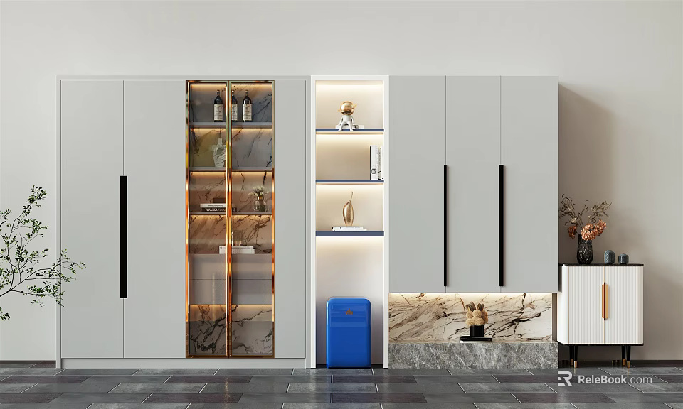Modern Wine Cabinet With Glass Door LED Lighting And Marble Accent Interior Design 3d model 