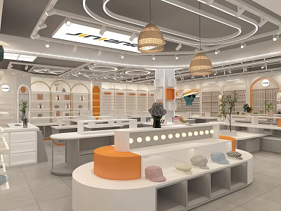 Fashion Accessories Store Modern Interior With White Orange Display Counters Hanging Pendant Lights Displayed Hats 3d model