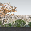 Garden Scene With Tree Orange Leaves Green Shrubs Agave And Purple Flowers By Stone Wall