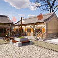 Traditional Commercial Street With Ancient Architecture Wooden Benches Stone Pavement Lanterns Plaza Area And Trees
