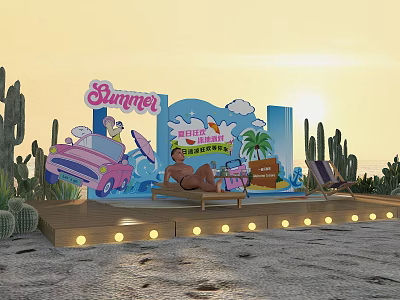 Summer Themed Photo Spot Featuring Pink Car Beach Chairs Cacti Palm Tree And Lights 3d model