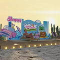 Summer Themed Photo Spot Featuring Pink Car Beach Chairs Cacti Palm Tree And Lights