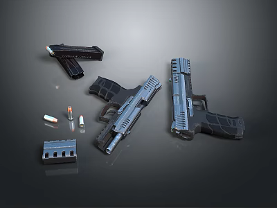 Tactical Handguns With Magazines And Bullets On Dark Surface 3d model