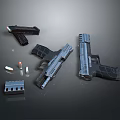 Tactical Handguns With Magazines And Bullets On Dark Surface