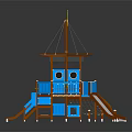 Ship Shaped Playground Equipment with Blue Brown Structure Slides Stairs and Yellow Flag on Top