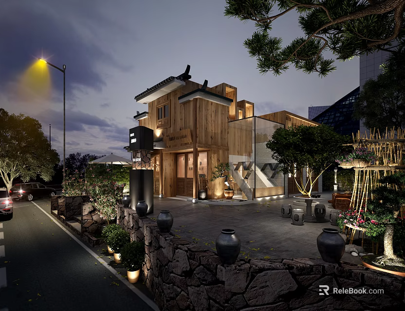 Traditional Modern Boutique Guesthouse Exterior With Wooden Facade Stone Wall And Courtyard Greenery 3d model 