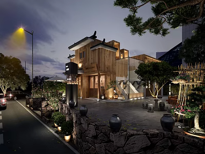 Traditional Modern Boutique Guesthouse Exterior With Wooden Facade Stone Wall And Courtyard Greenery 3d model