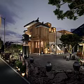 Traditional Modern Boutique Guesthouse Exterior With Wooden Facade Stone Wall And Courtyard Greenery