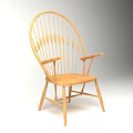 Classic Wooden Single Chair Featuring Curved Backrest Vertical Slat Details And Armrests