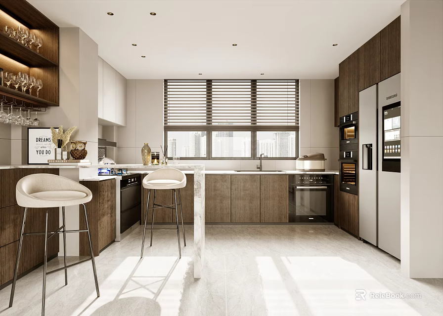 Modern Kitchen Interior With Island Counter Bar Stools Cabinets Appliances And Blinds 3d model 