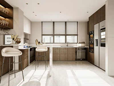 Modern Kitchen Interior With Island Counter Bar Stools Cabinets Appliances And Blinds 3d model