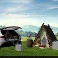 Outdoor Camping Setup With SUV Open Trunk Green Tent And Picnic Supplies