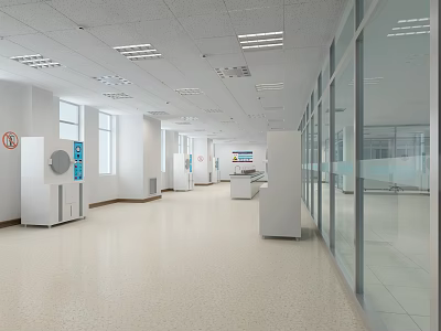 Spacious Laboratory Interior With White Equipment Glass Partitions Ceiling Lights And Light Colored Flooring 3d model