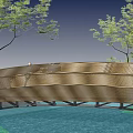 Arched Metallic Landscape Bridge Over Water Surface With Trees And People