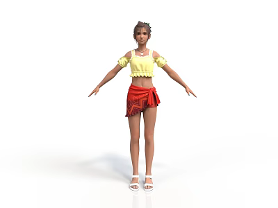 Woman in yellow off shoulder top and red short skirt arms outstretched white background 3d model