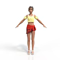 Woman in yellow off shoulder top and red short skirt arms outstretched white background