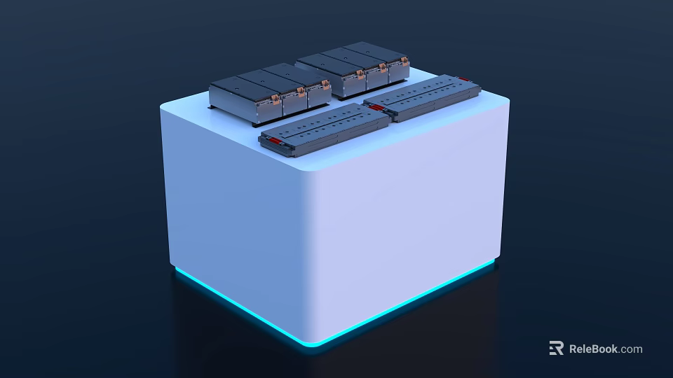 White Cube Energy Storage Device With Multiple Black Gray Modules And Blue Light Base 3d model 