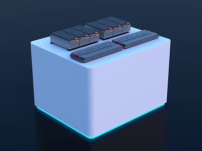 White Cube Energy Storage Device With Multiple Black Gray Modules And Blue Light Base 3d model