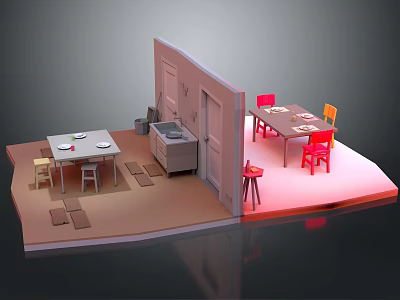Kitchen Dining Interior With Tables Red Chairs Cabinets Door And Floor Mats 3d model