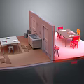 Kitchen Dining Interior With Tables Red Chairs Cabinets Door And Floor Mats