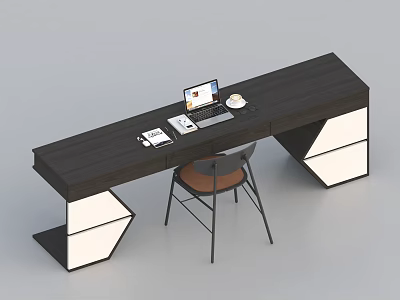 Modern Dark Wooden Desk Interior With Laptop Notebook Coffee Cup And Geometric Chair Base 3d model