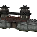 Ancient Architecture Gate Featuring Twin Towers Black Roofs Wooden Structure And Stone Walls