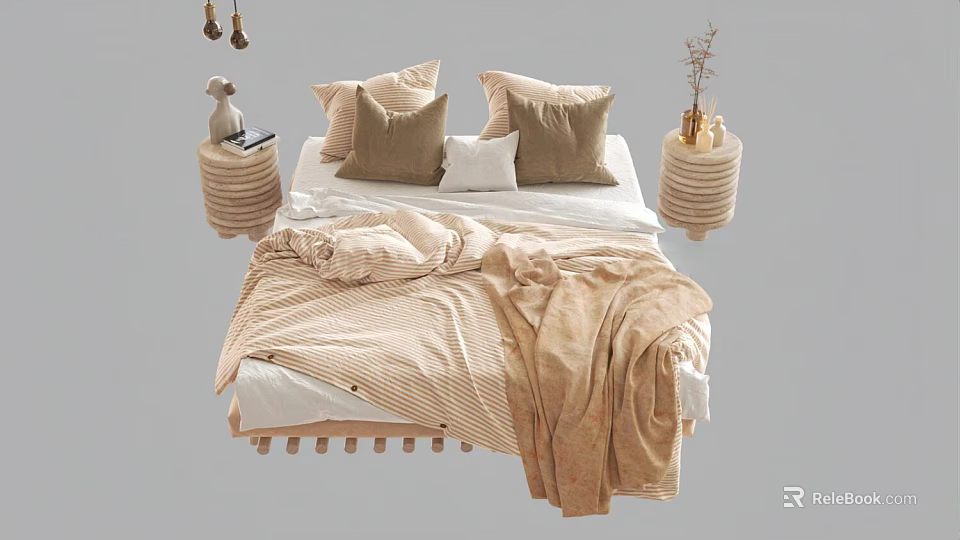 Comfortable Double Bed with Soft Pillows Cozy Blanket and Bedside Decorative Lamps 3d model 