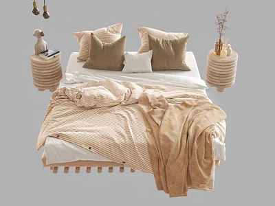 Comfortable Double Bed with Soft Pillows Cozy Blanket and Bedside Decorative Lamps 3d model