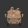 Armored Military Vehicle With Sand Colored Exterior 6x6 Wheels Mounted Weapons And Antennas