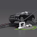 Black SUV Car With Q Logo On Display Scene Road And Stones