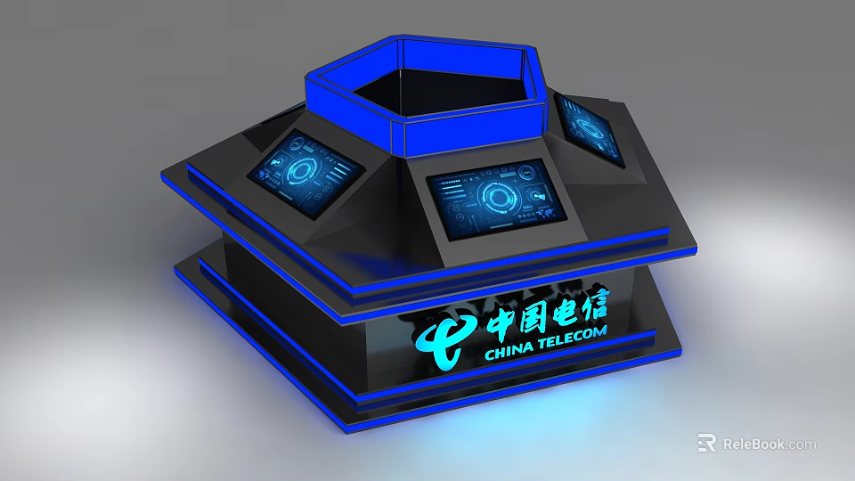 China Telecom Interactive Kiosk With Hexagonal Design And Blue Lit Touch Screens 3d model 