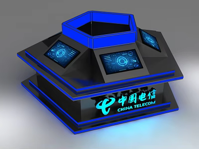 China Telecom Interactive Kiosk With Hexagonal Design And Blue Lit Touch Screens 3d model