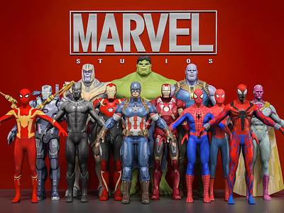 Marvel Studios Superhero Characters Standing Together As Team With Action Figures Collection 3d model