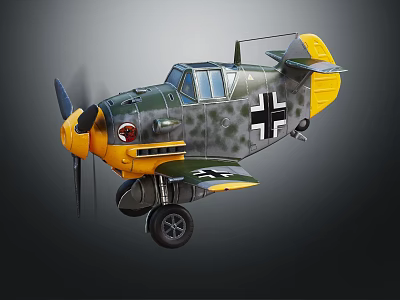 Vintage Military Airplane Model with Green Camouflage Yellow Accents Black Cross Markings Propeller and Cockpit 3d model