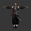 Man In Traditional Black Robe With Red Accents And Weapons Standing With Open Arms
