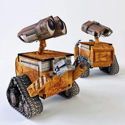 Electric Toy Robot Two Units With Brown Yellow Design Caterpillar Tracks Mechanical Arms Large Eyes 3d model