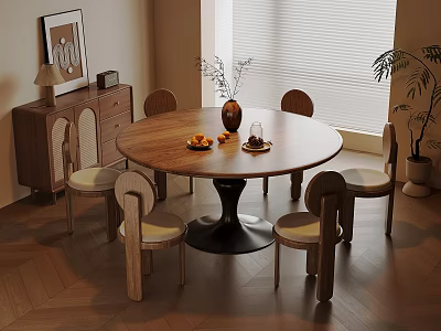 Cozy Modern Dining Room With Round Wooden Table Chairs Beige Cushions Vase Plant And Cabinet 3d model