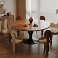 Cozy Modern Dining Room With Round Wooden Table Chairs Beige Cushions Vase Plant And Cabinet